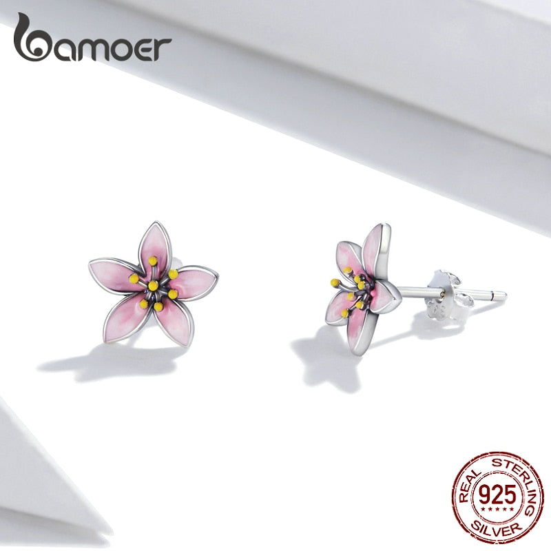 925 Sterling Silver Enamel Pink Cherry Blossom Stud Earrings for Women