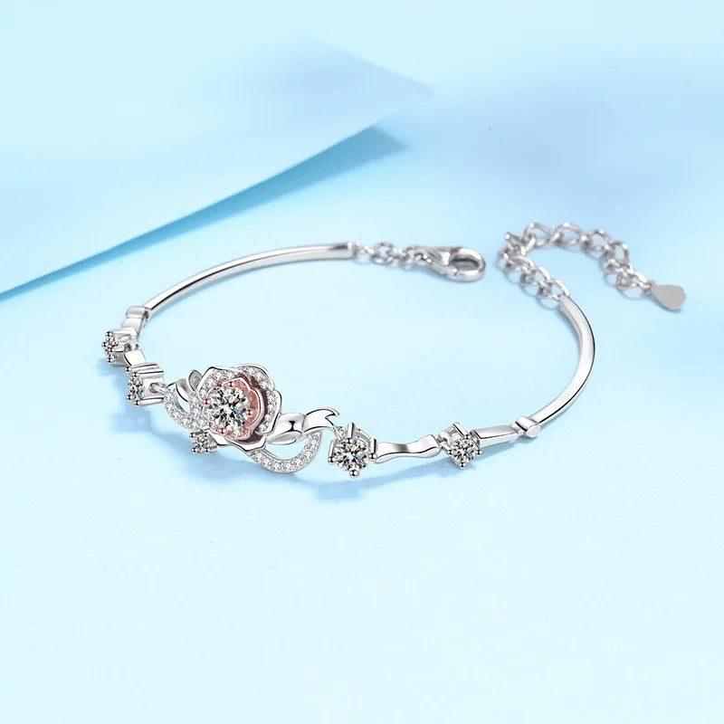 S925 Silver Rose Flower Moissanite Bracelet for Women