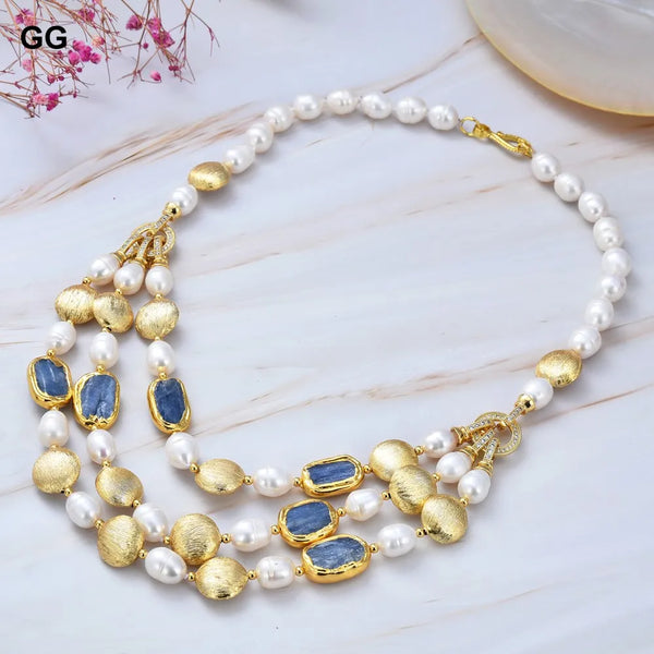 Gold Plated Freshwater Cultured White Rice Pearl Blue Kyanite Choker Necklace for Women