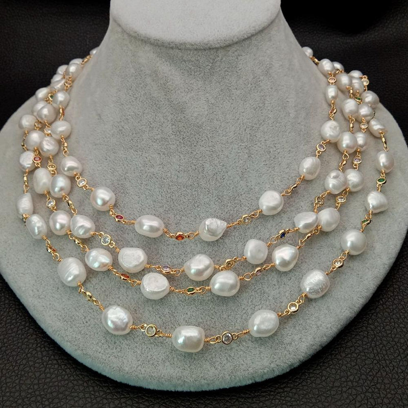 Silver Freshwater Baroque Pearl and CZ Chain Necklace for Women