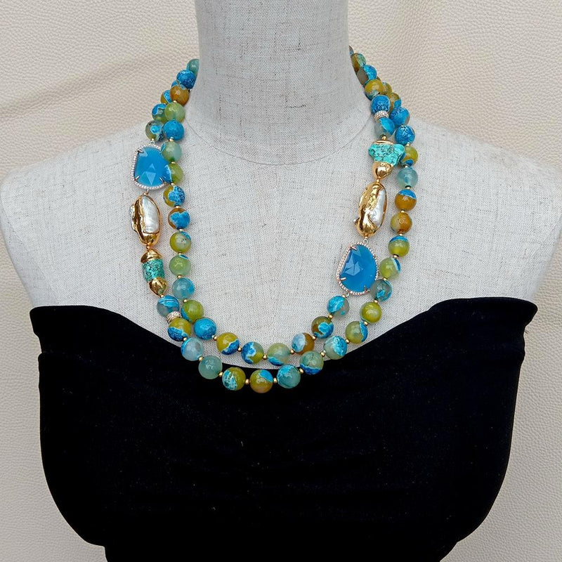 Sterling Silver Blue Faceted Agate, Cultured White Biwa Pearl, and Turquoise Necklace for Women