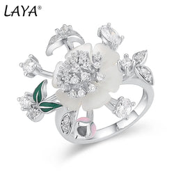 925 Sterling Silver Natural Shell Flower Leaf Enamel Ring for Women