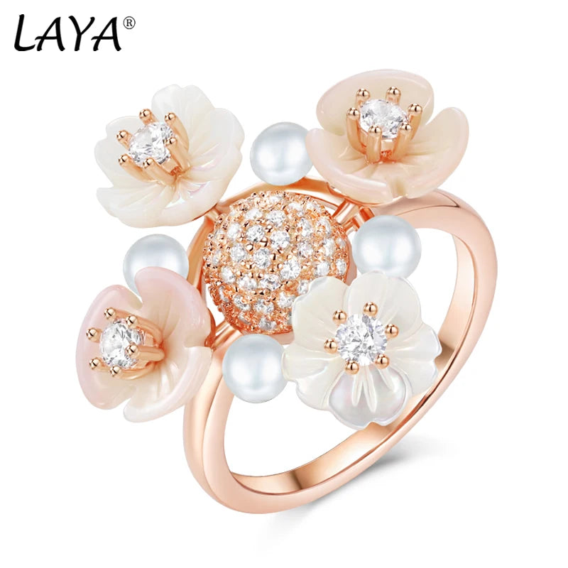 Sterling Silver Shell & Pearl Flower Ring for Women