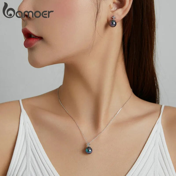 925 Sterling Silver Black Pearl Necklace and Earrings Set for Women