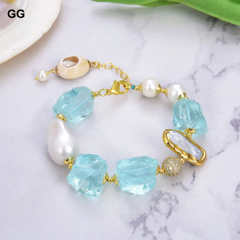 Gold Plated Cultured White Keshi Pearl Biwa Pearl Blue Glass Bracelet for Women