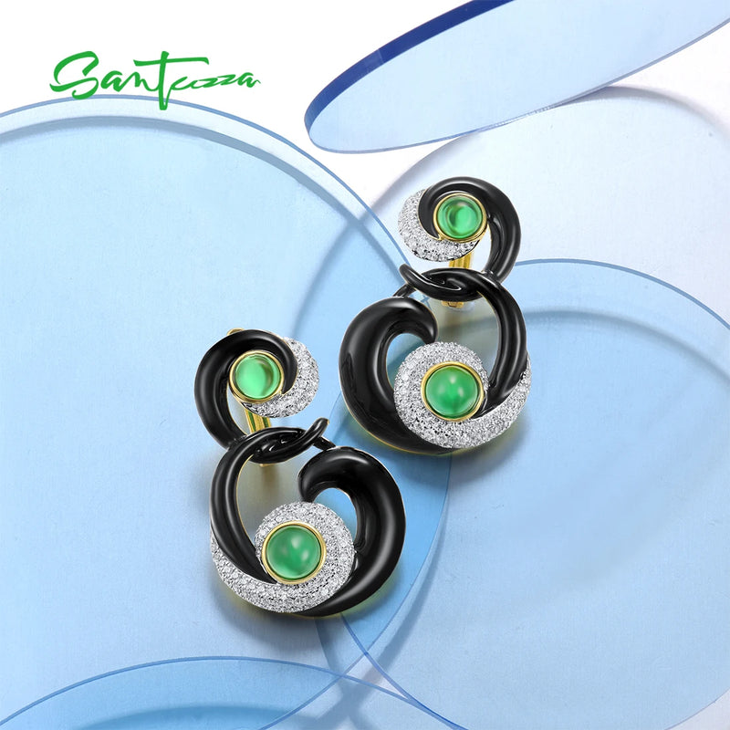 925 Sterling Silver Green Stone Earrings with White CZ and Black Enamel for Women