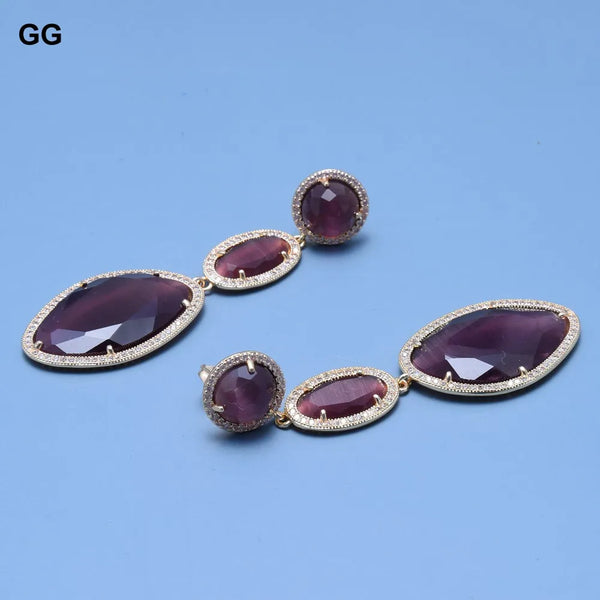 Gold Plated Natural Purple Cat Eye CZ Pave Stud Earrings for Women