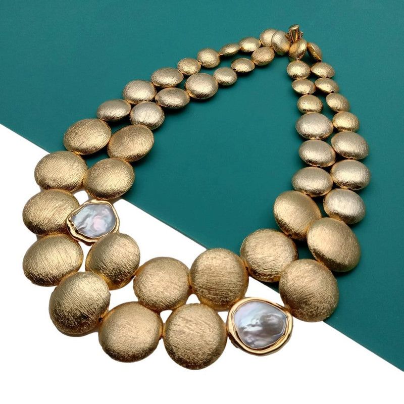 Gold Plated Cultured White Coin Pearl Necklace, 2 Rows, 18" for Women