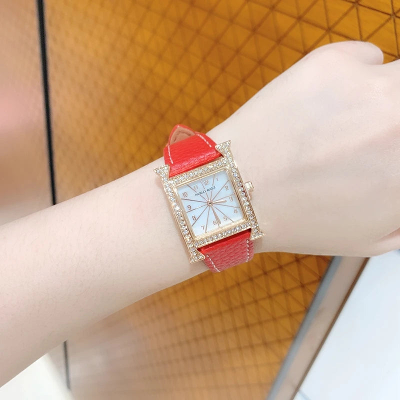 Luxury Diamond Fashion Watch for Ladies: High-Grade, Waterproof, Leather Strap, Quartz Movement.