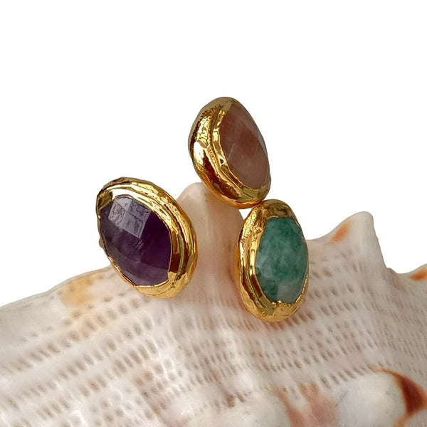 YYING Natural faceted Purple Amethyst Amazonite Sunstone Ring Adjustable