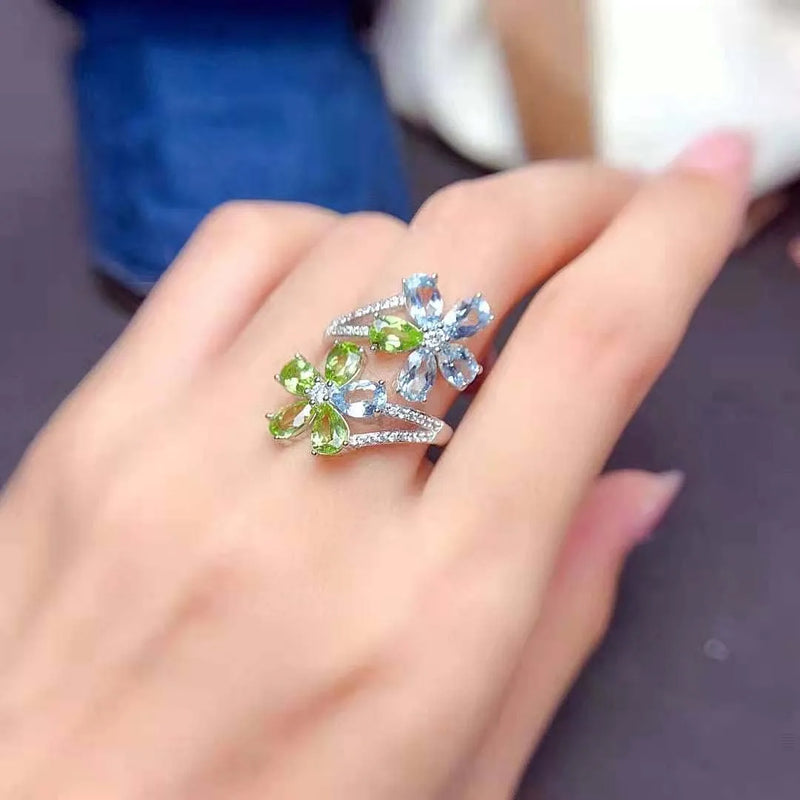 Sterling Silver Olivine Topaz Flower Ring for Women