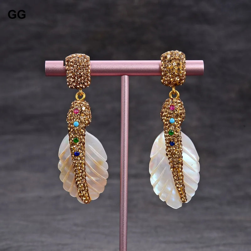 Yellow Gold Plated White Shell Feather CZ Paved Dangle Stud Earrings for Women