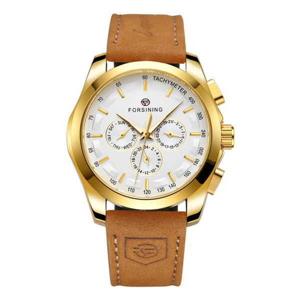 Gold Alloy Simple Hollow Three Eyes Six Pin Mechanical Watch with Brown Leather Strap for Men