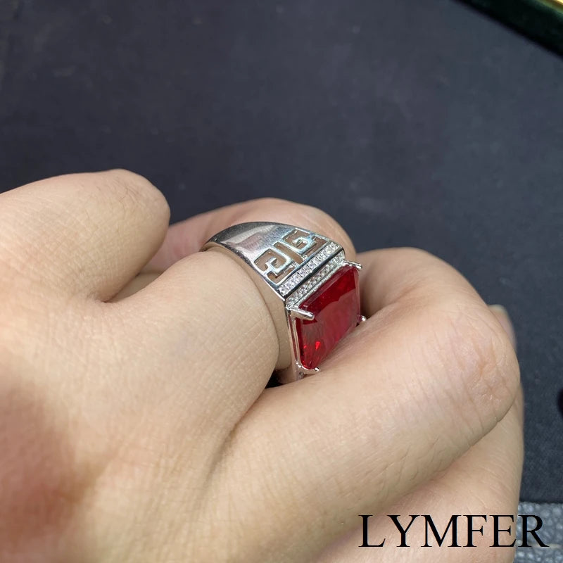 925 Sterling Silver Ruby Ring with Square Gem, Beautiful Color for Men