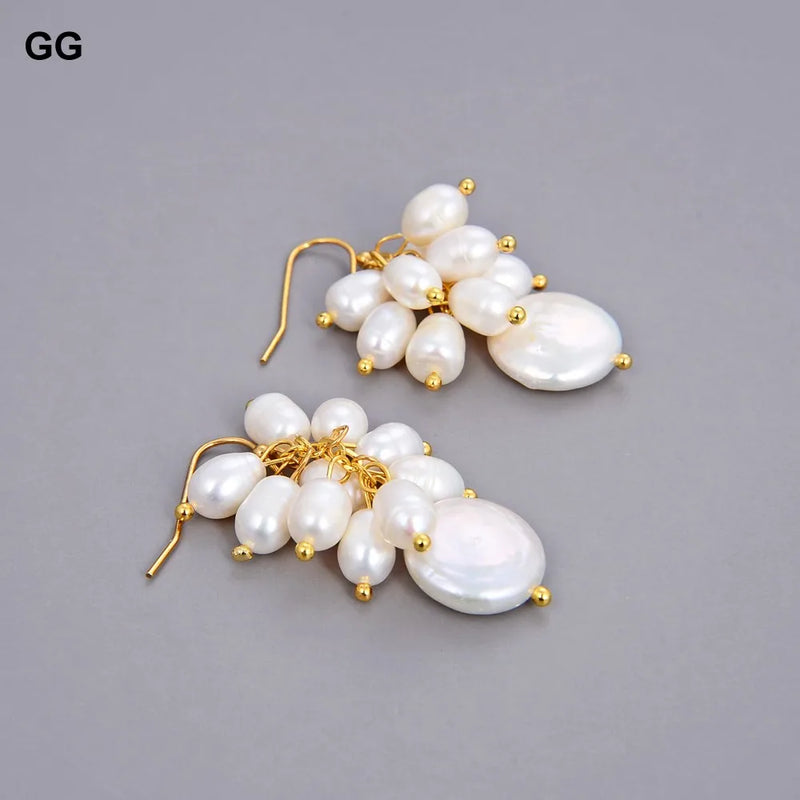 Natural White Rice Pearl Dangle Hook Earrings for Women