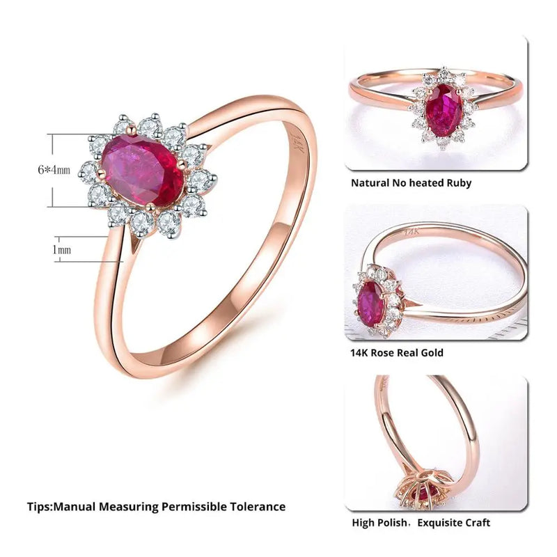 14K Rose Gold Red Ruby & Diamond Sunflower Ring for Women