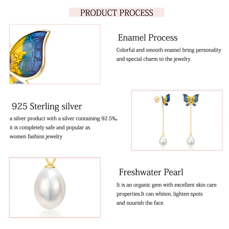 Sterling Silver Freshwater Pearl Colorful Enamel Butterfly Drop Earrings for Women