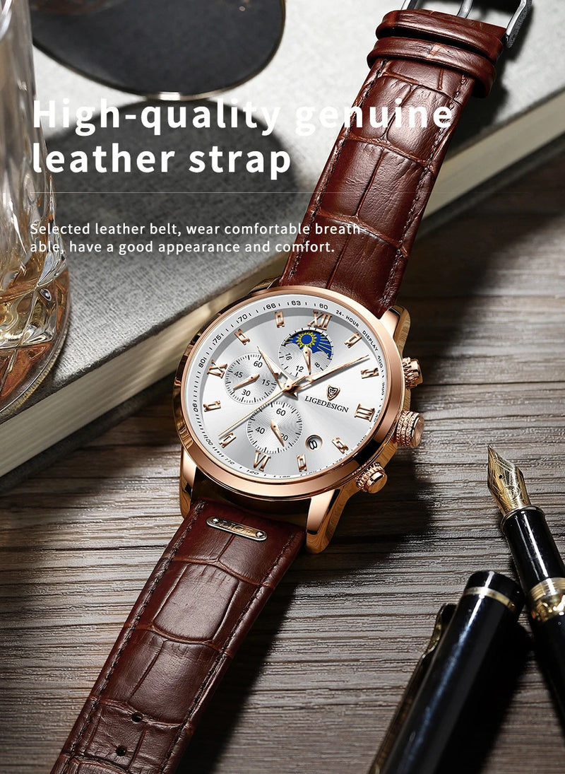 Luxury Men's Fashion Watch with Leather Strap and Waterproof Chronograph Features