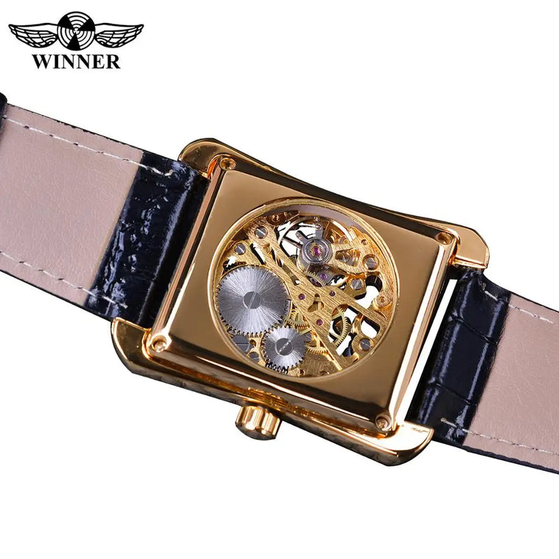 Golden Rectangle Dial Hollow Skeleton Mechanical Watch for Men