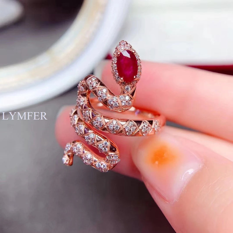 Sterling Silver Snake Ring with Natural Ruby evoking the allure of a sophisticated lady's personality and animal spirit.