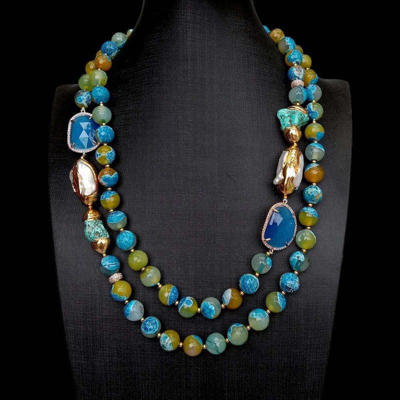 Sterling Silver Blue Faceted Agate, Cultured White Biwa Pearl, and Turquoise Necklace for Women