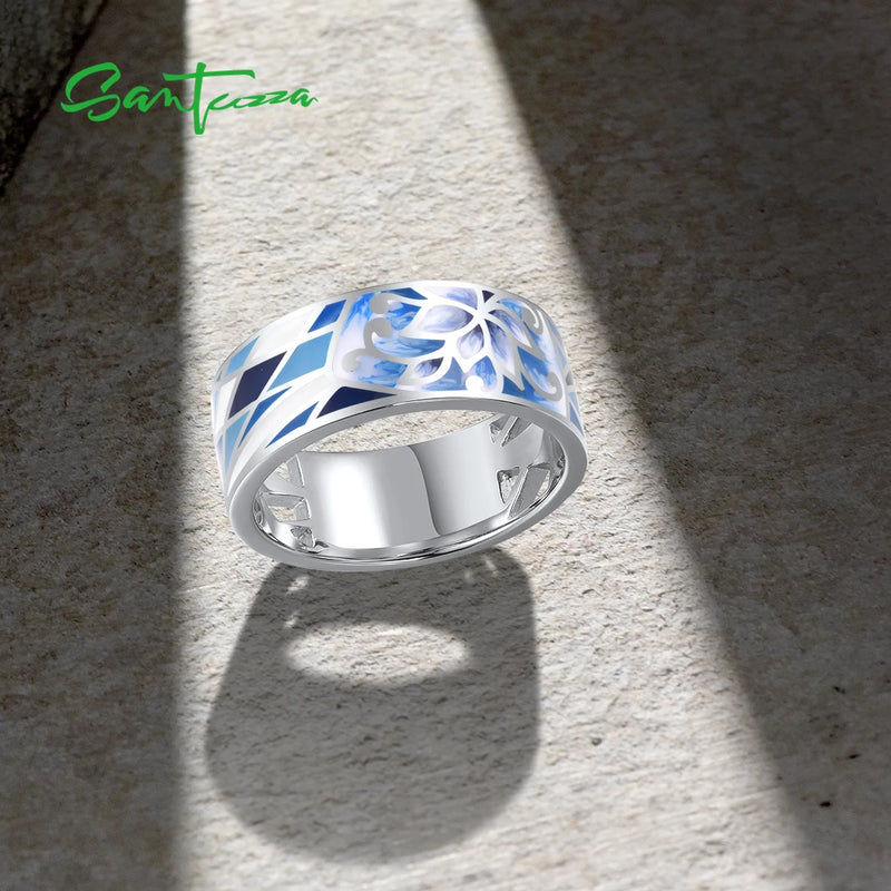 925 Sterling Silver Blue Enamel Flower Rings for Women