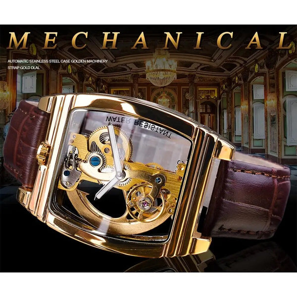 Gold Transparent Automatic Mechanical Watch with Skeleton Tourbillion and Luminous Elements for Men