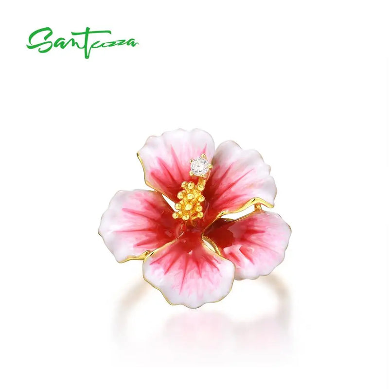 Sterling Silver Pink Blooming Flower Enamel Ring for Women