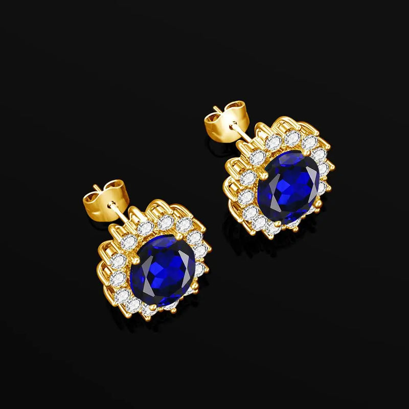 14K Gold Blue Sapphire Pendant Earrings Ring Set for Women