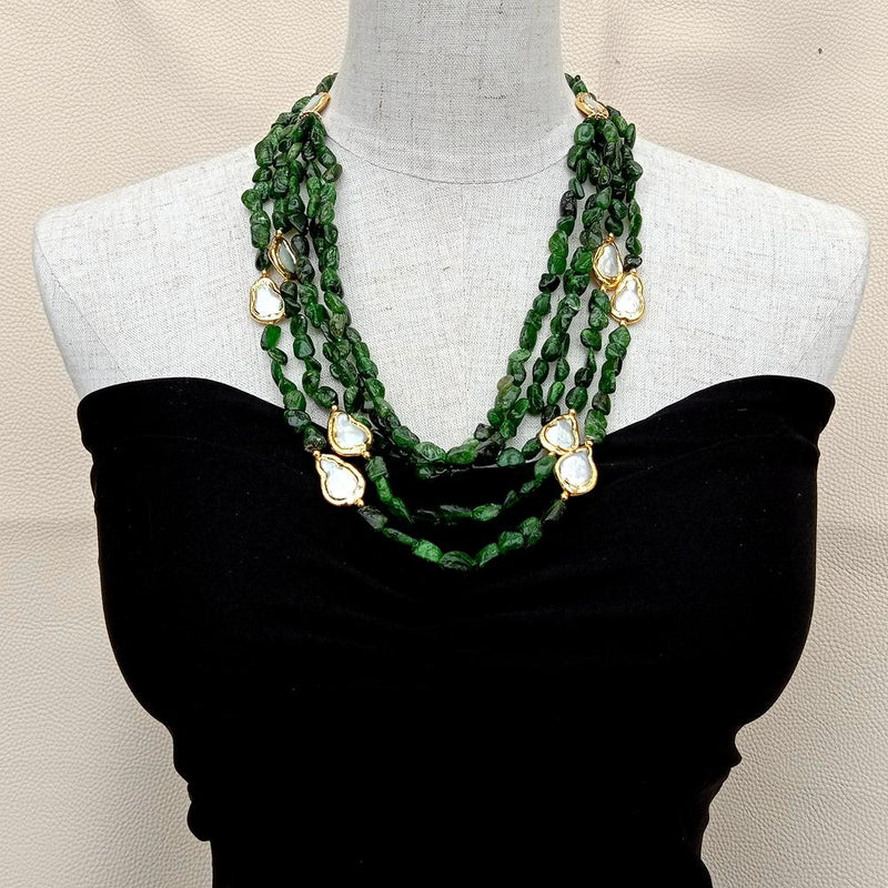 Sterling Silver Green Diopside and White Teardrop Pearl Necklace for Women
