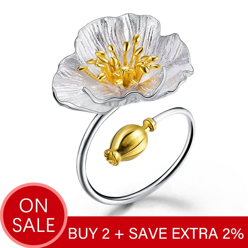 Sterling Silver Adjustable Blooming Poppies Flower Ring for Women