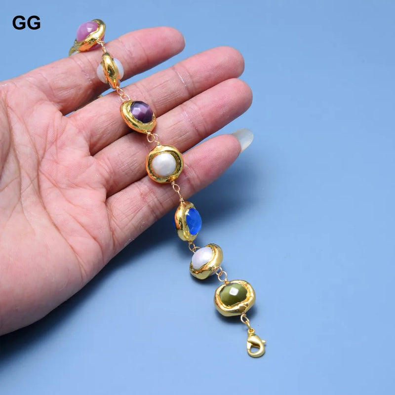 Gold Plated Natural White Keshi Pearl Cat Eye Wrap Bracelet for Ladies