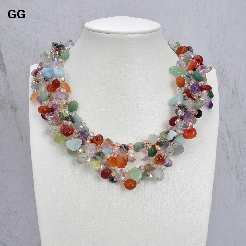 Sterling Silver 5 Rows Natural Mix Natural Stone Agate Jade Crystal Jasper Mix Color Gemstone Torzadas Necklace for Women