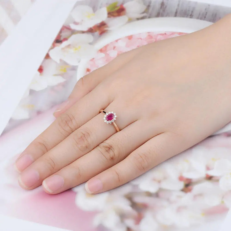 14K Rose Gold Red Ruby & Diamond Sunflower Ring for Women