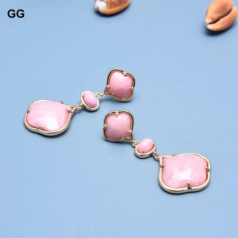 Gold Plated Peach Pink Jade Flower Dangle Stud Earrings for Women