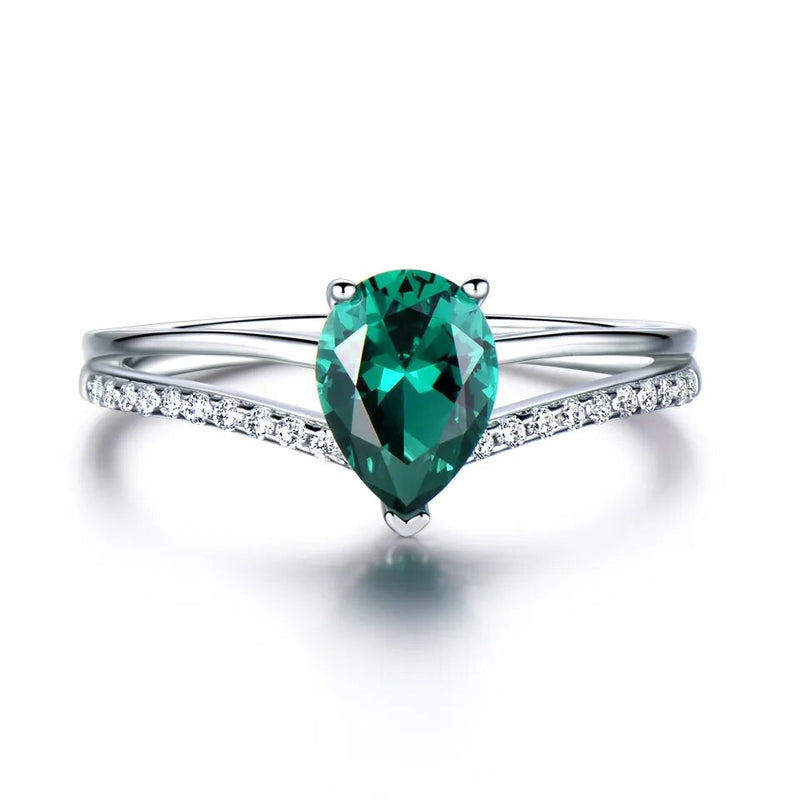 Sterling Silver Emerald Green Gemstone Water Drop Ring for Women