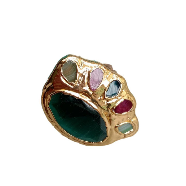 Y.YING Green Cat Eye Multi Color Agate Gold Plated Ring Adjustable