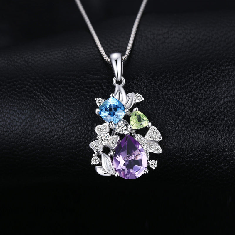 925 Sterling Silver Amethyst Blue Topaz Peridot Chrome Diopside Flower Pendant for Women