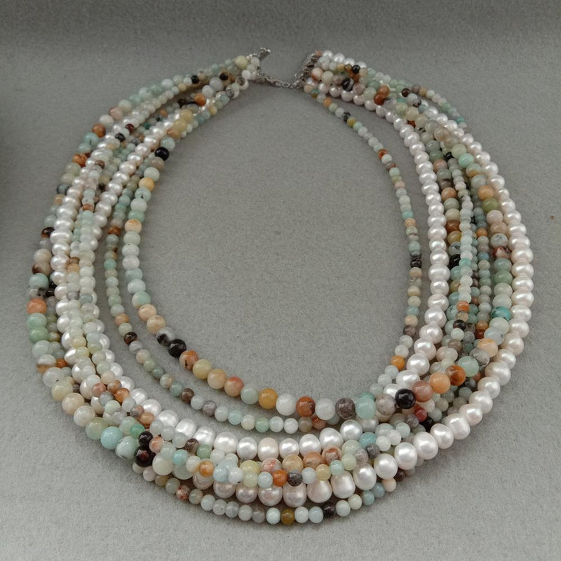 Gold Plated 4mm Amazonite & Freshwater Pearl Mixed Color Necklace for Women