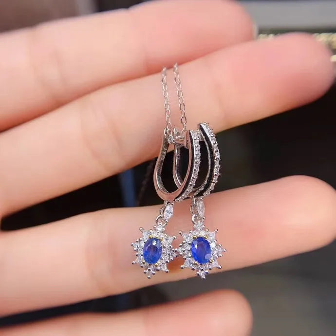 Sterling Silver Oval Cut Natural Sapphire Drop Dangle Earrings for Women