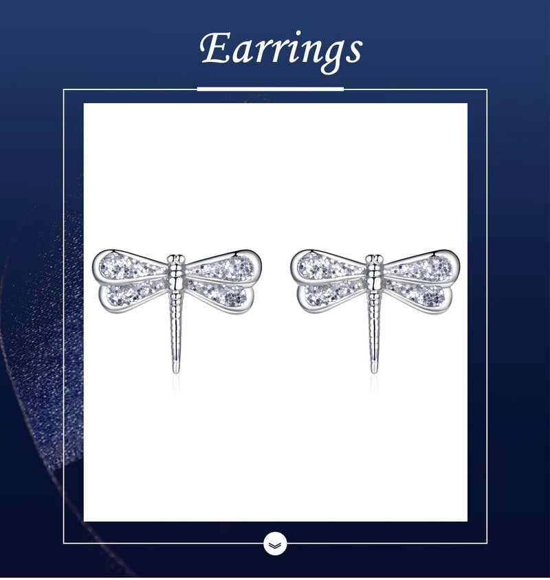 Sterling Silver White Zircon Dragonfly Stud Earrings for Women