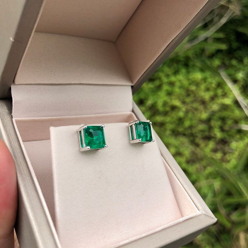 Sterling Silver Emerald Cut Emerald Earrings for Women