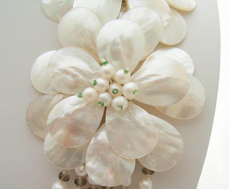Silver Freshwater Pearl Crystal Shell Flower Necklace for Women