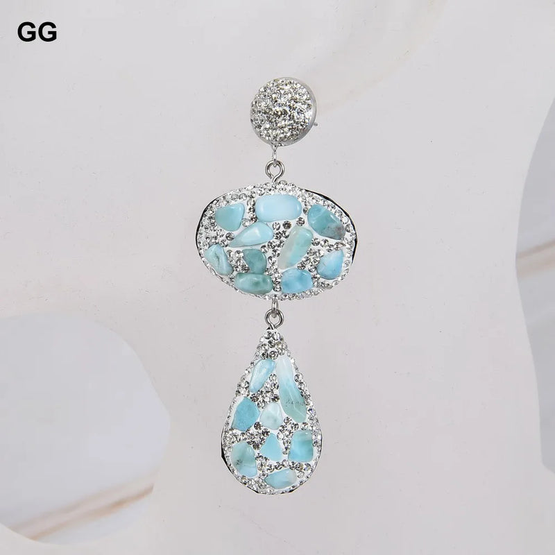 Sterling Silver Natural Blue Larimar Crystal Dangle Stud Earrings for Women