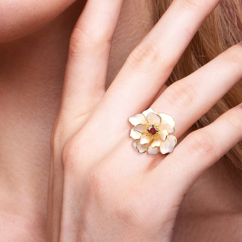 Sterling Silver Lotus Flower Garnet Ring for Women