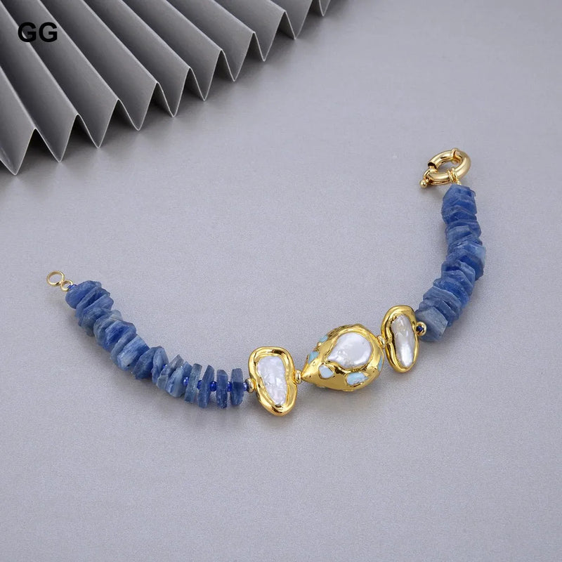 Sterling Silver Natural Blue Kyanite, White Cultured Pearl, and Blue Larimar Rondelle Bracelet for Women