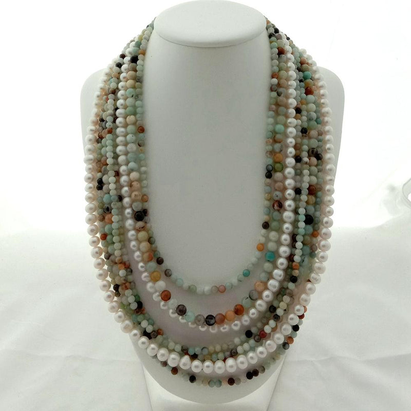 Gold Plated 4mm Amazonite & Freshwater Pearl Mixed Color Necklace for Women