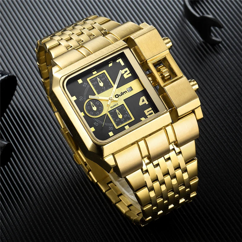 Stainless Steel Large Dial Luxury Men's Watch with Auto Date and Golden Clock.