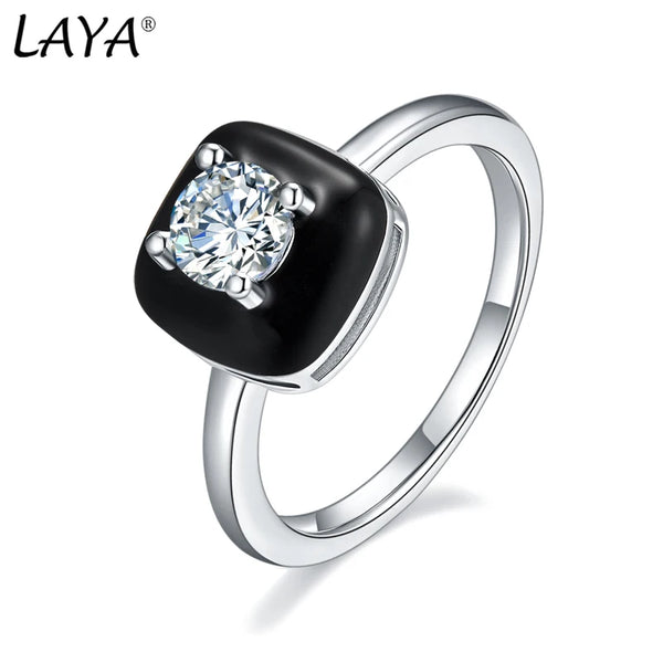 Sterling Silver White Black Enamel Ring with Zircon for Women