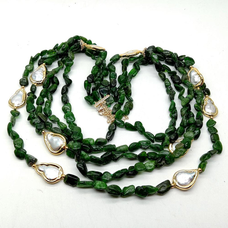 Sterling Silver Green Diopside and White Teardrop Pearl Necklace for Women